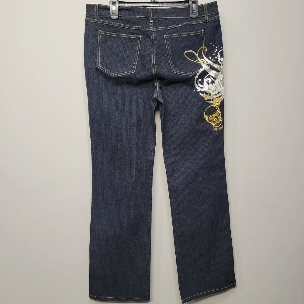 Vintage Y2K Paco Jeans Size 17 Dark Wash Gold Skull‎ Graphic Streetwear Unique